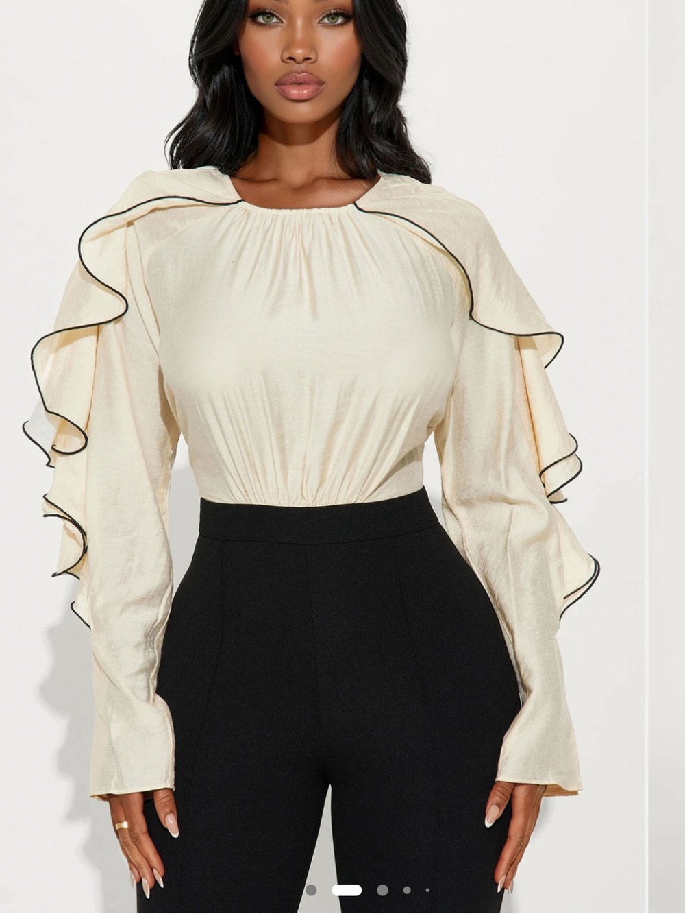 Fashion Nova Cream Ruffle Sleeve Blouse with Black Trim